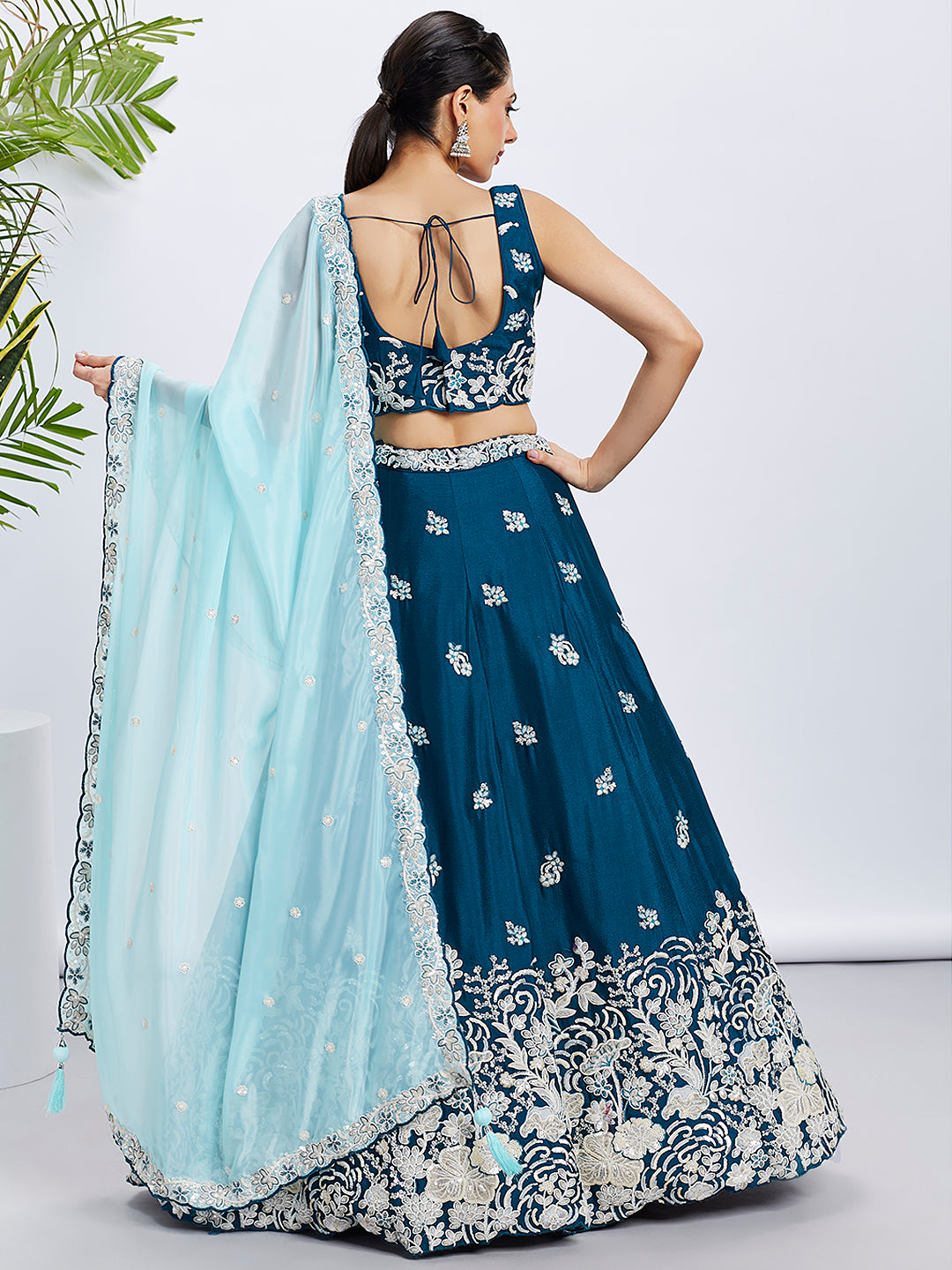 Teal Georgette Sequins Thread Embroidery Lehenga Choli & Dupatta