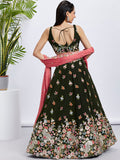 Olive Organza Sequins Thread Embroidery Lehenga Choli & Dupatta