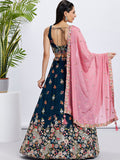 Navy Blue Organza Sequins Thread Embroidery Lehenga Choli & Dupatta