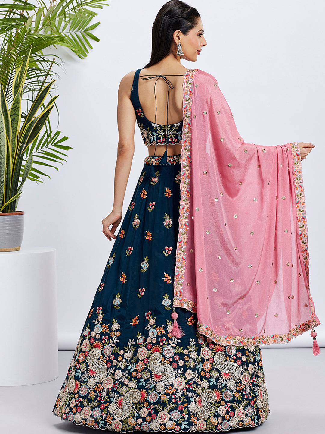 Navy Blue Organza Sequins Thread Embroidery Lehenga Choli & Dupatta