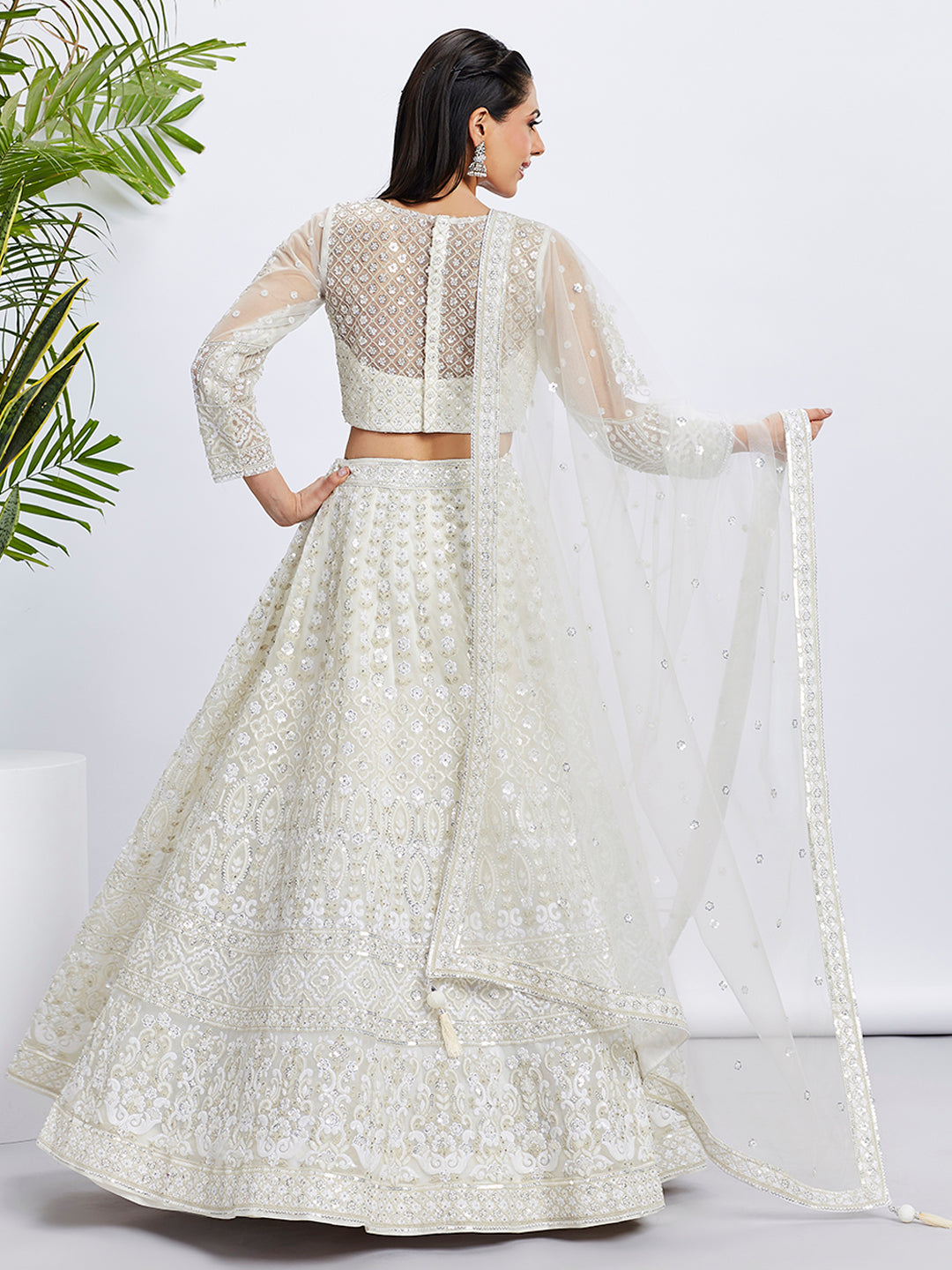 Cream Net Sequins and Thread Embroidery Lehenga Choli & Dupatta