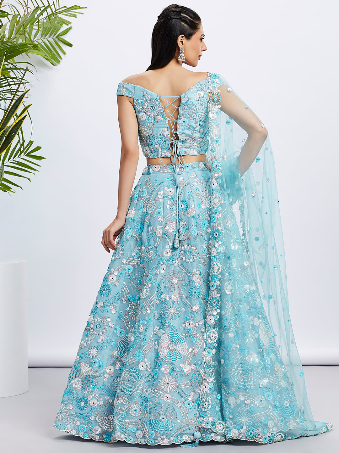 Sky Blue Organza Sequins and Thread Embroidery Lehenga Choli & Dupatta