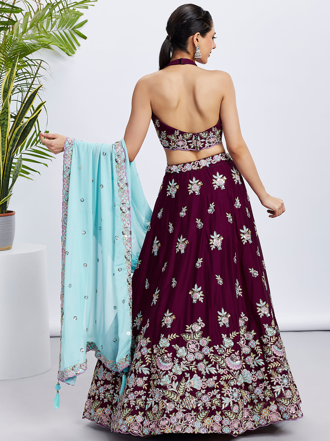 Burgundy Georgette Sequins Thread Embroidery Lehenga Choli & Dupatta