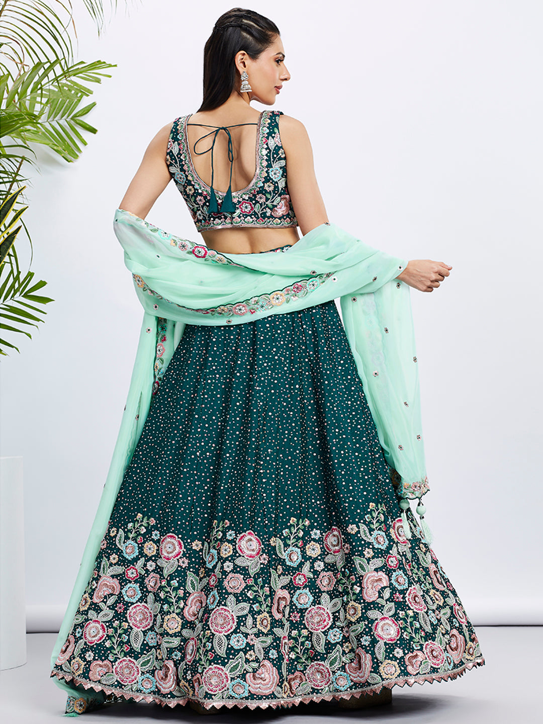 Green Pure Chiffon Sequins Thread Embroidery Lehenga Choli & Dupatta