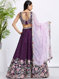 Purple Pure Chiffon Sequins Thread Embroidery Lehenga Choli & Dupatta