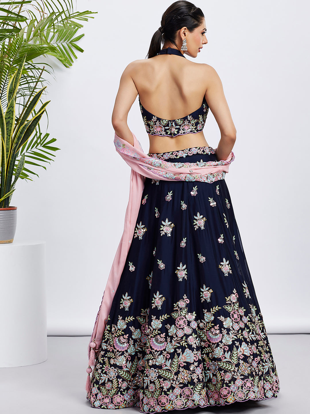 Navy Blue Georgette Sequins Thread Embroidery Lehenga Choli & Dupatta