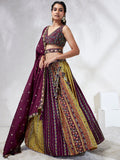 Burgundy Chiffon Position Print with Sequins Embroidery Lehenga Choli