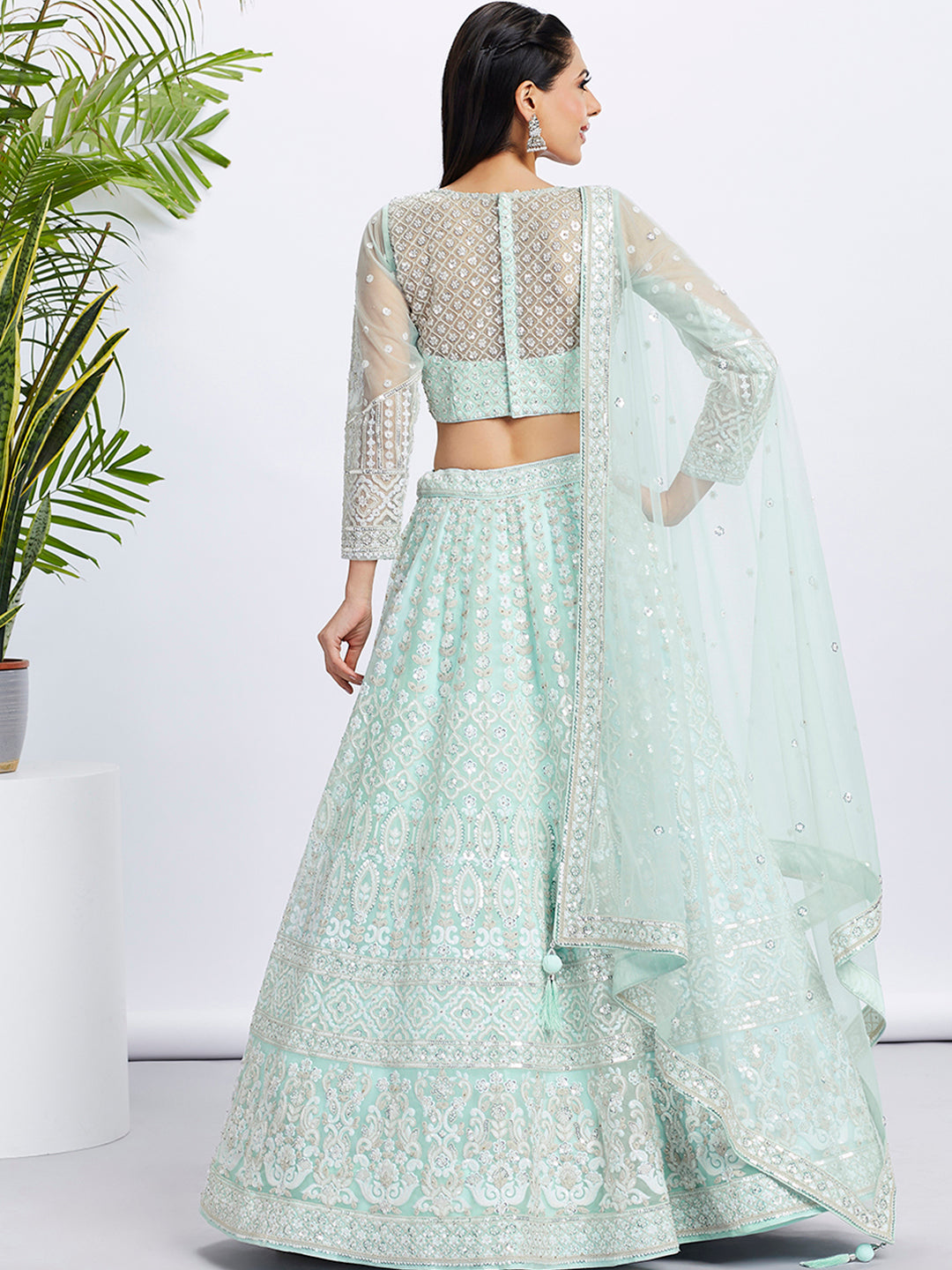 Turquoise blue Net Sequins and Thread Embroidery Lehenga Choli & Dupatta