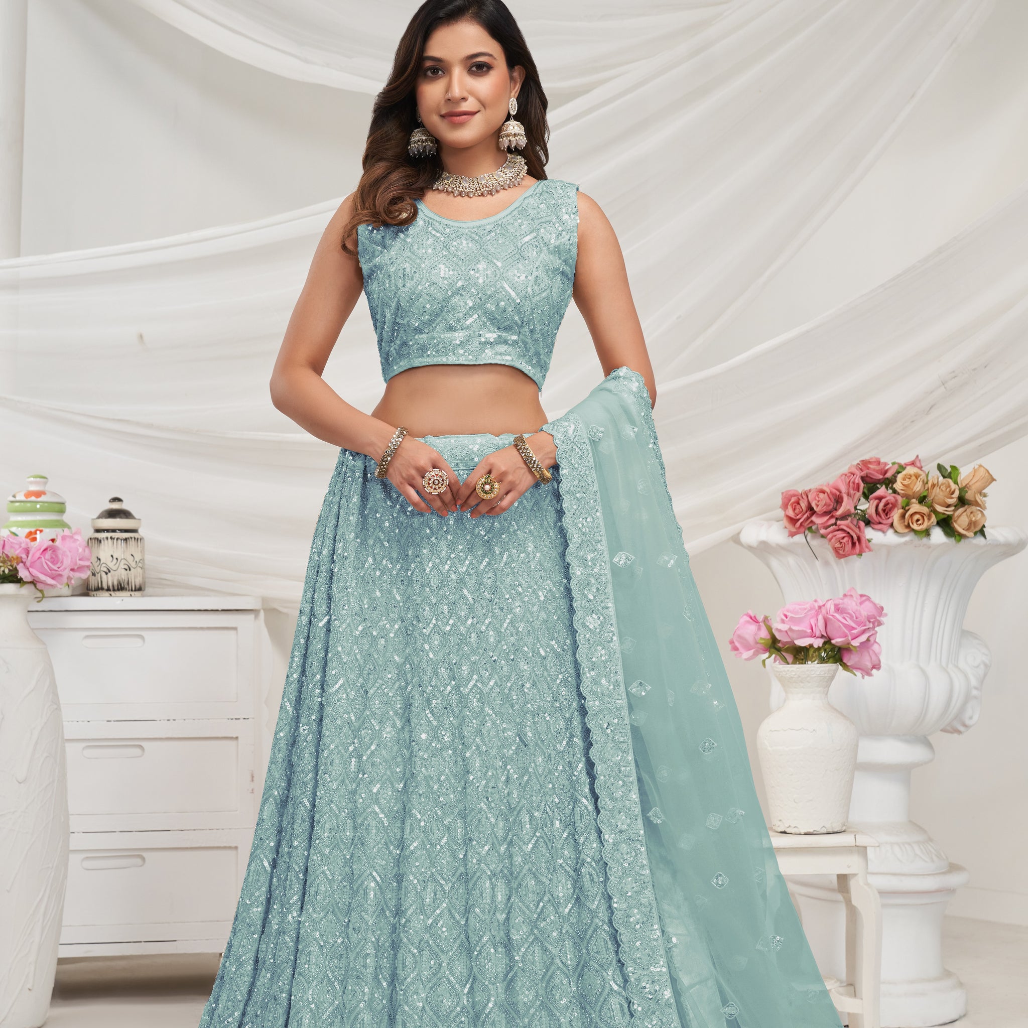 Sky Blue Soft Net Lehenga Choli Set - Diamond Sequin Embroidery