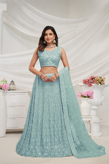 Sky Blue Soft Net Lehenga Choli Set - Diamond Sequin Embroidery