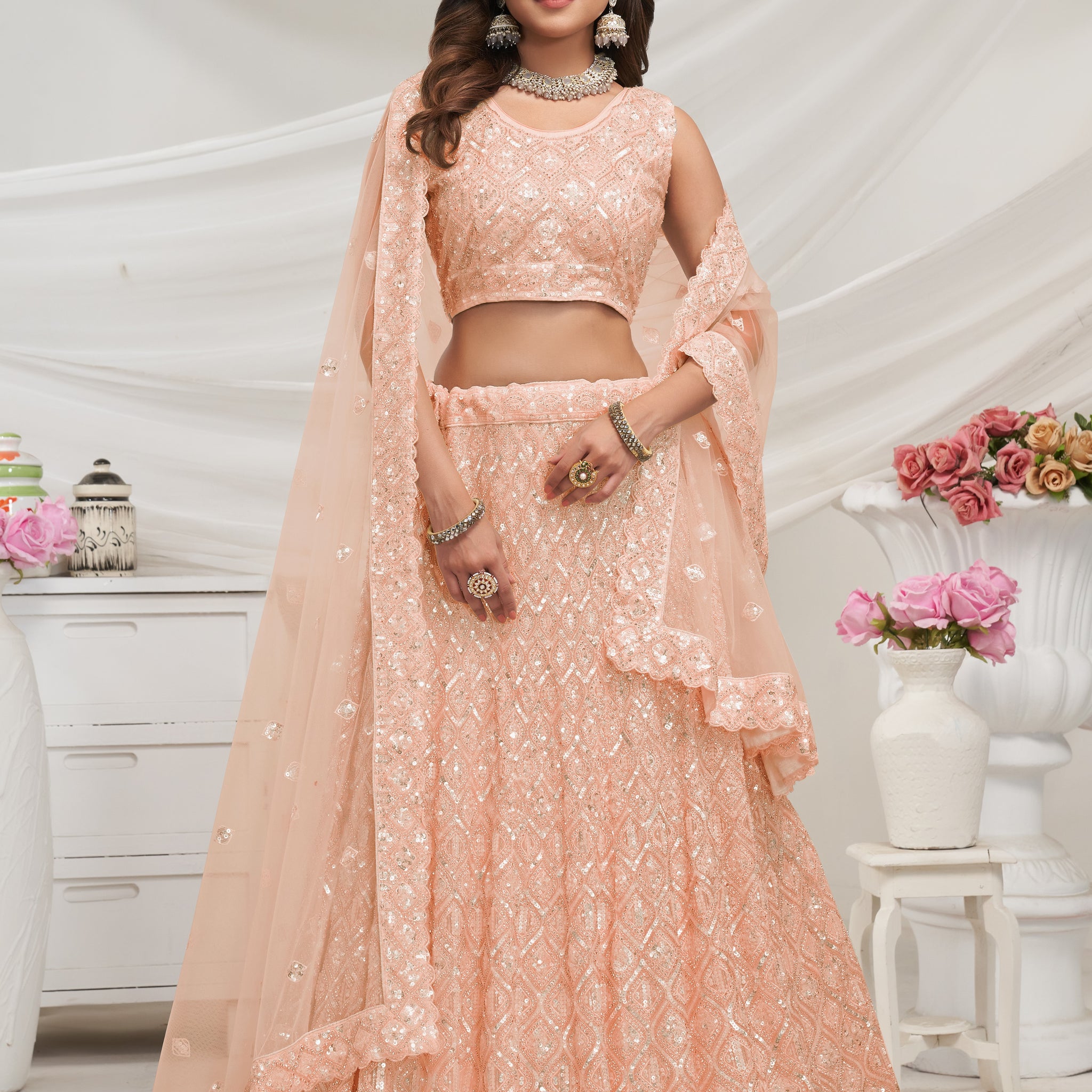 Elegant Peach Soft Net Lehenga Choli with Diamond Sequin Work