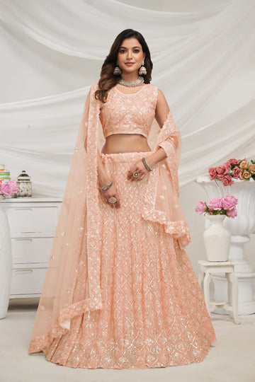 Elegant Peach Soft Net Lehenga Choli with Diamond Sequin Work