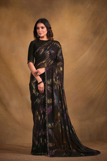 Women's Designer Party Wear Black Colour Jari Jacquard Print Saree