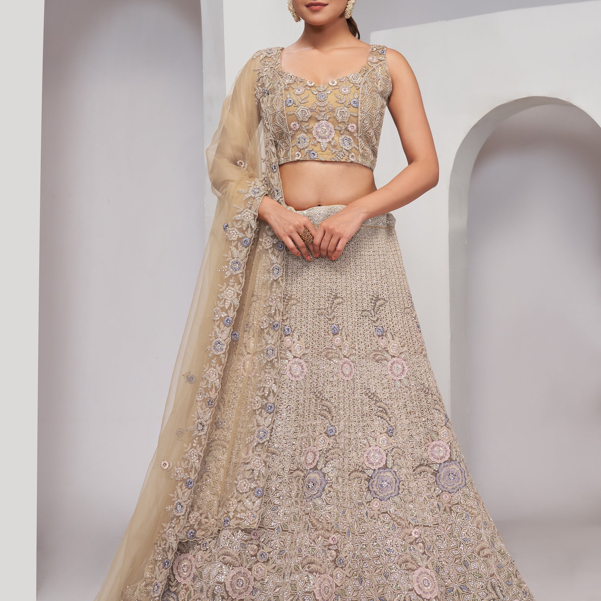 Golden Bridal Lehenga with Zari Embroidery & Sequin Work