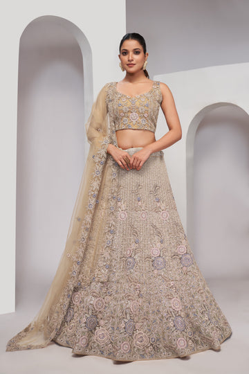 Golden Bridal Lehenga with Zari Embroidery & Sequin Work