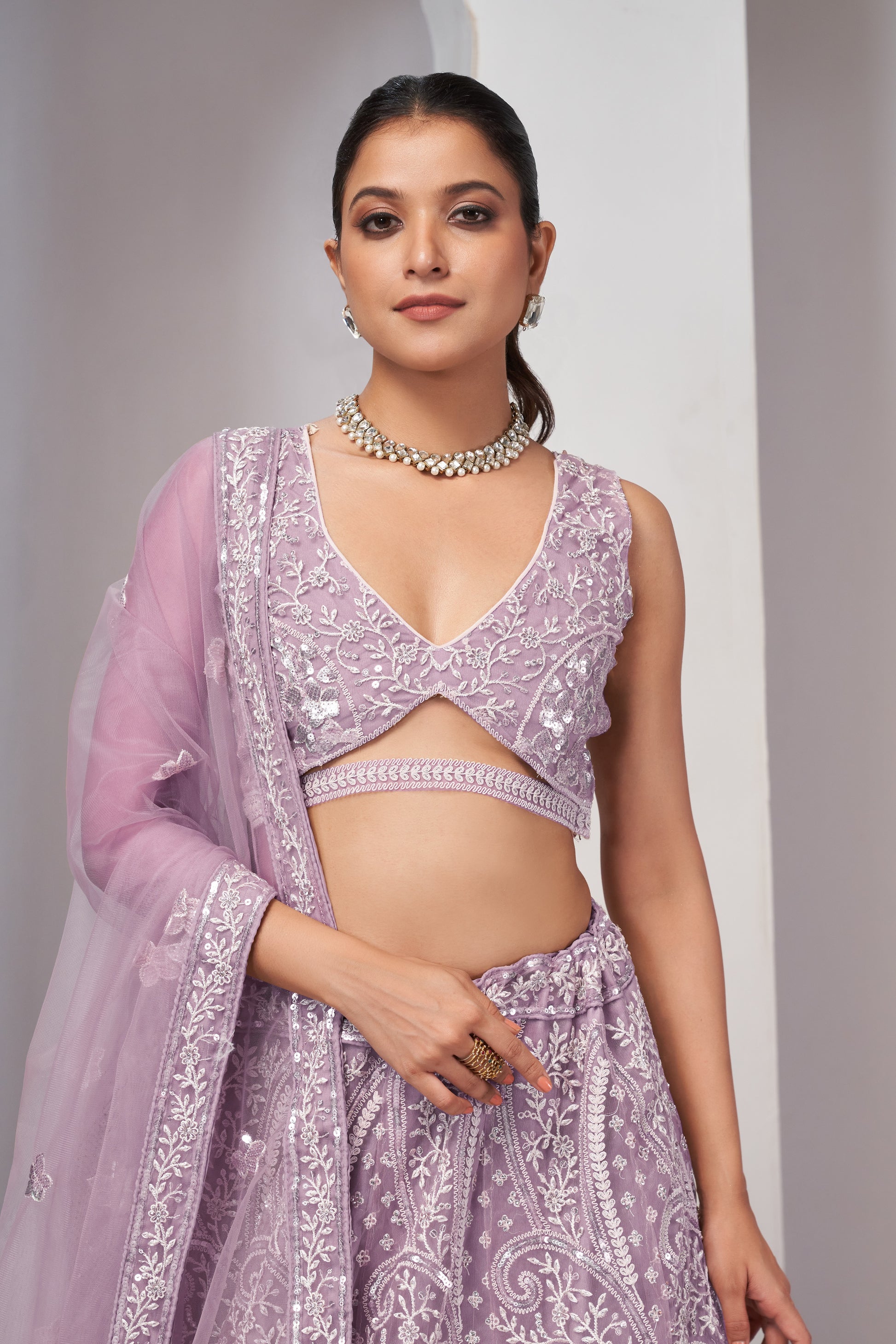 Mauve Paisley Patterned Lehenga with Sequins & Thread Work