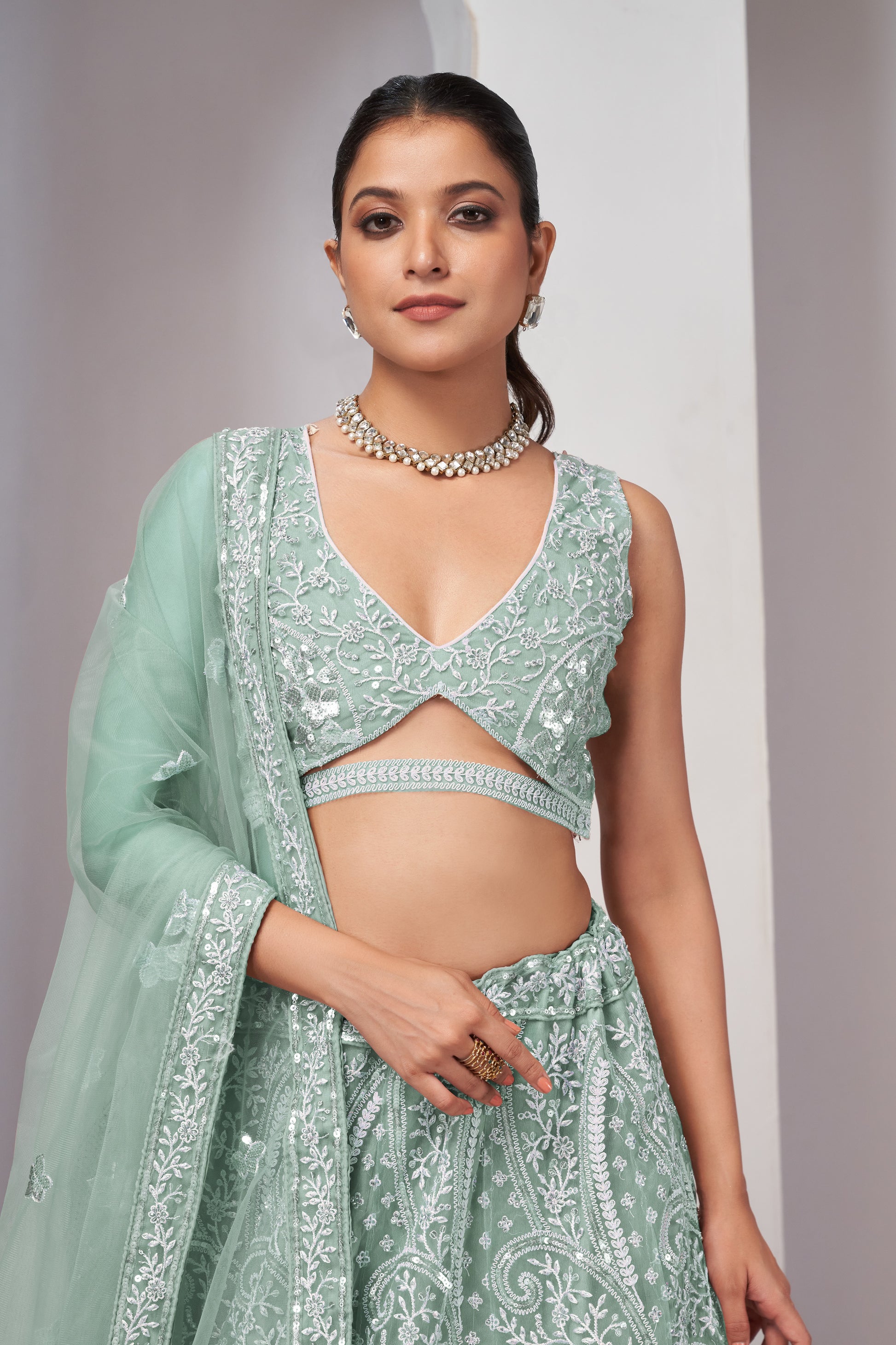 Sky Blue Floral Sequin Lehenga with Soft Net Dupatta