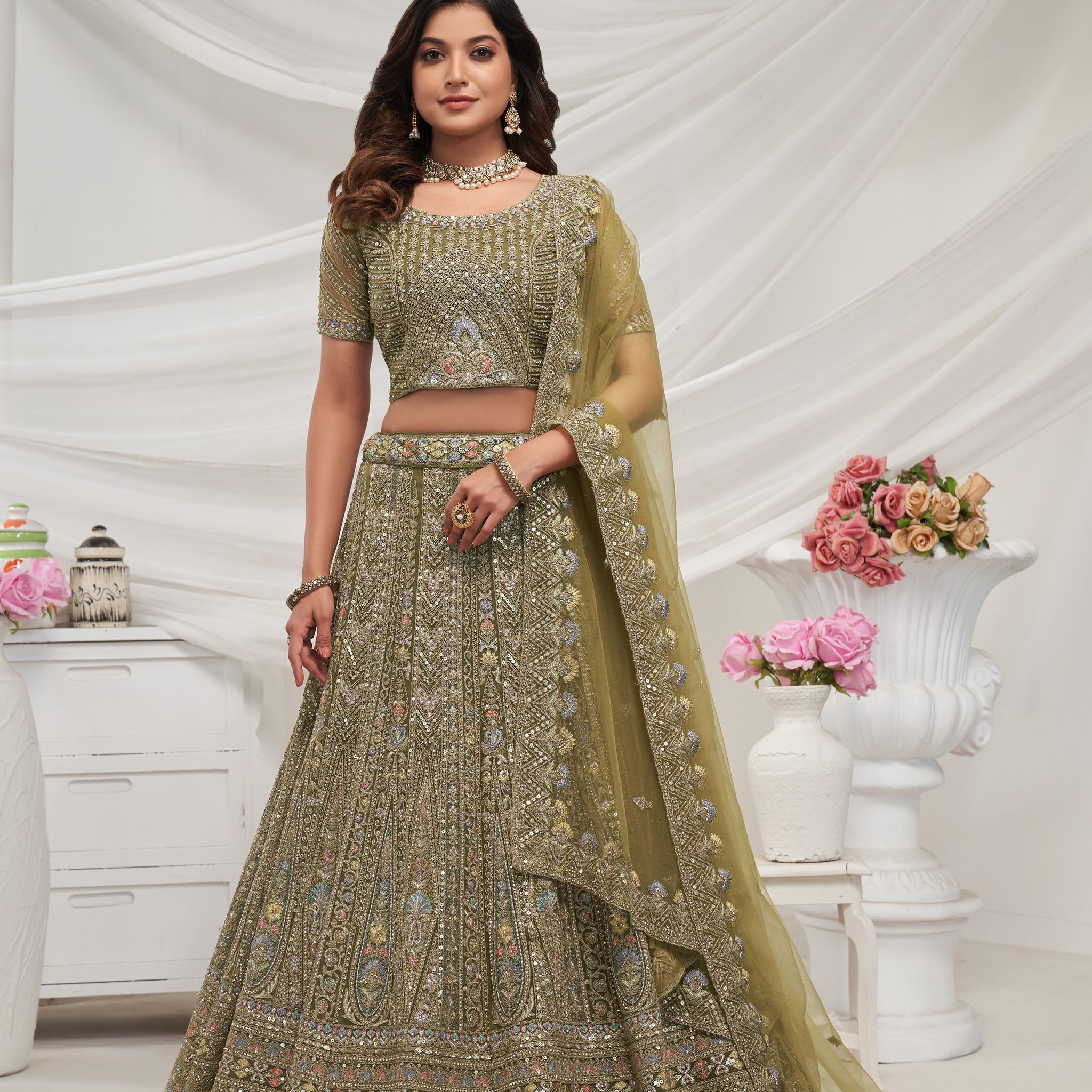 Green Paisley Patterned Lehenga Ensemble