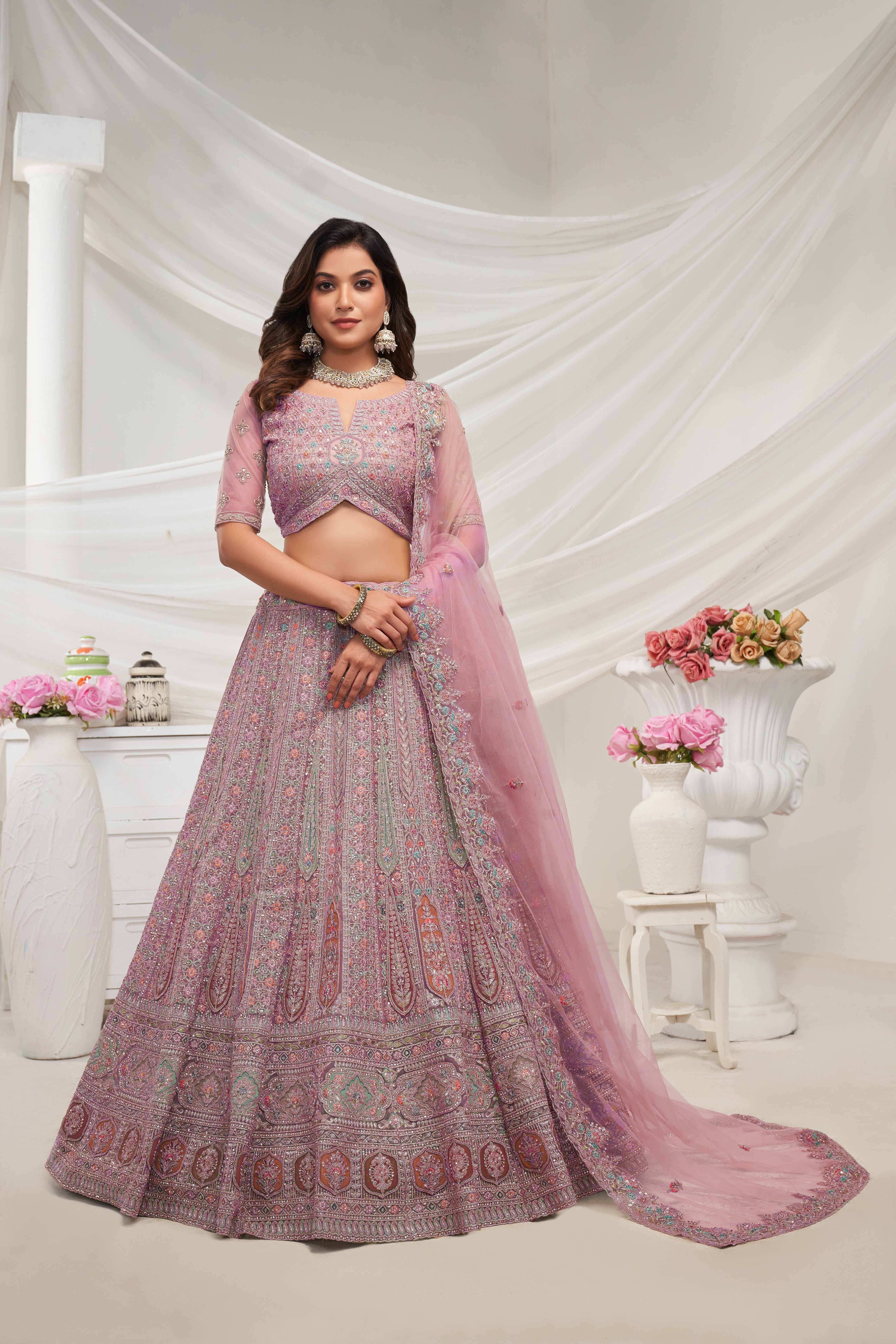 Elegant Mauve Paisley Floral Lehenga Ensemble