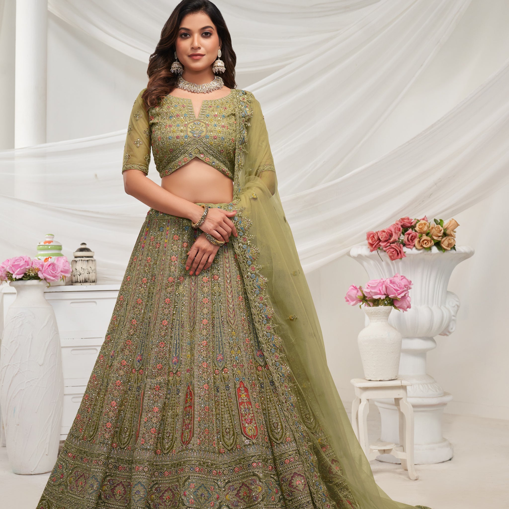 Elegant Green Paisley Floral Lehenga Ensemble