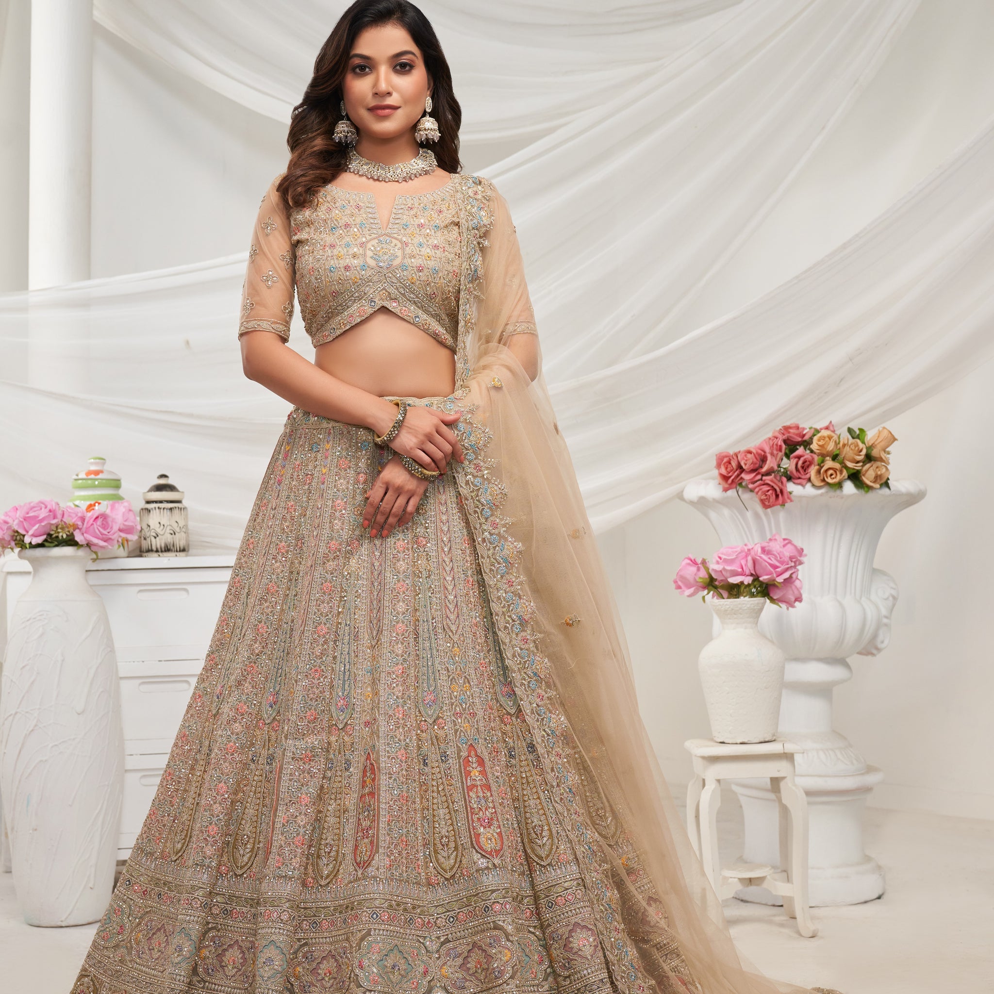 Elegant Golden Paisley Floral Lehenga Ensemble