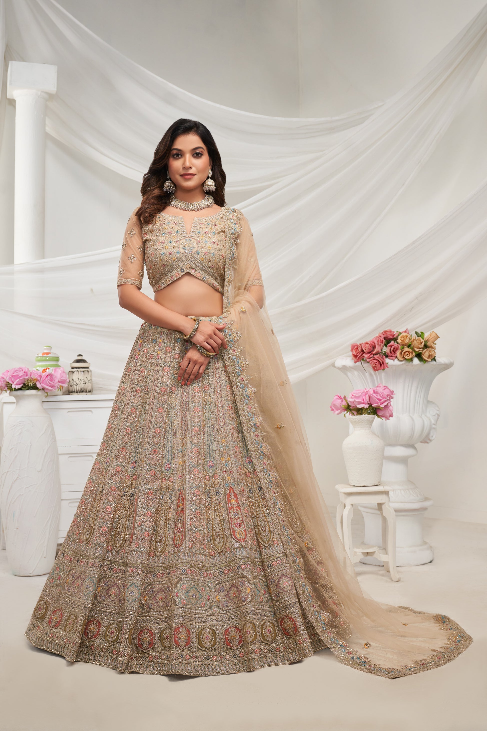 Elegant Golden Paisley Floral Lehenga Ensemble