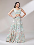 Lime Green Floral Net Sequin Work Lehenga & Unstitched Blouse with Dupatta
