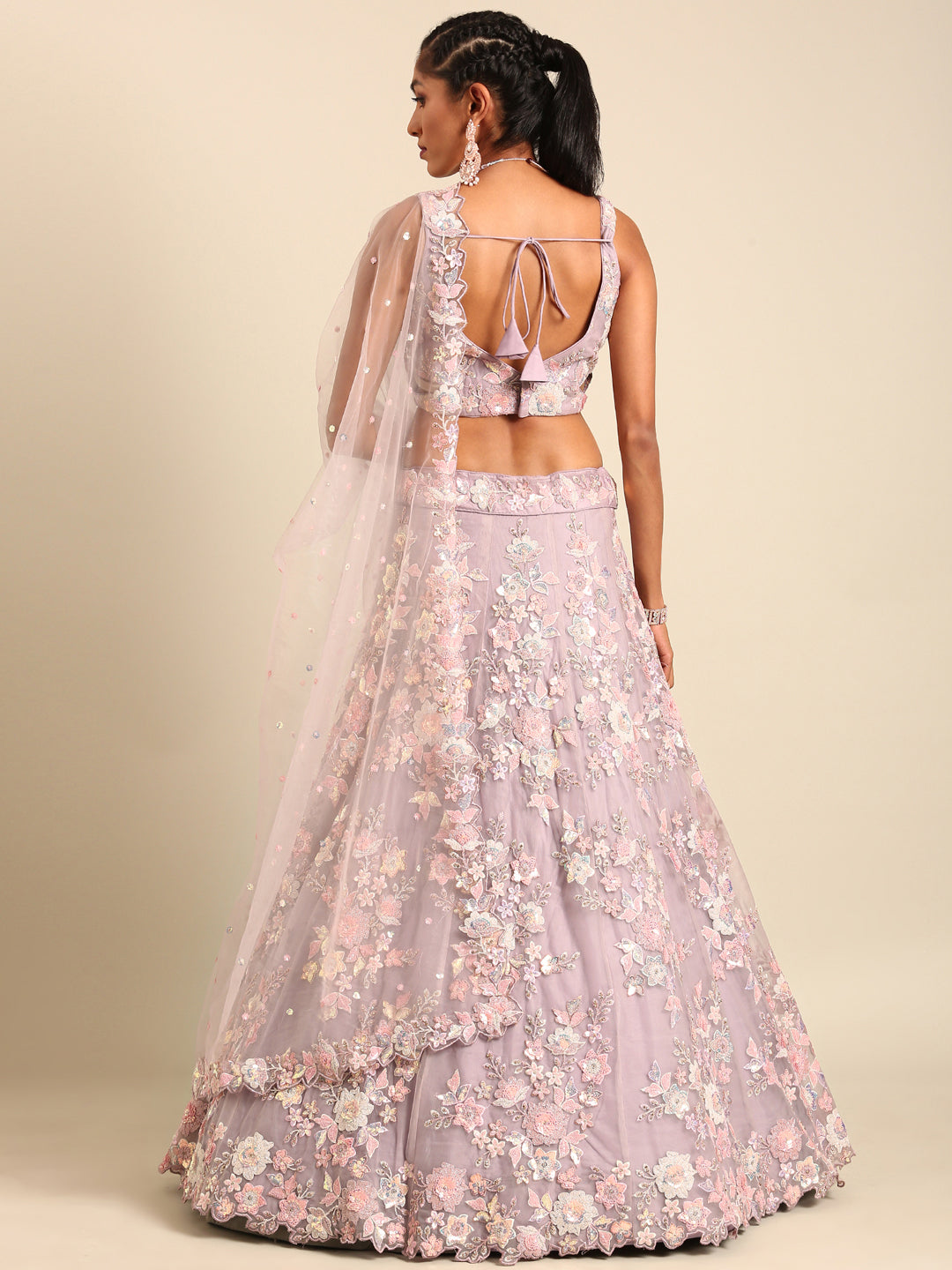 Mauve Net Floral Sequins Lehenga Choli with Heavy Zarkan Embroidery and Dupatta
