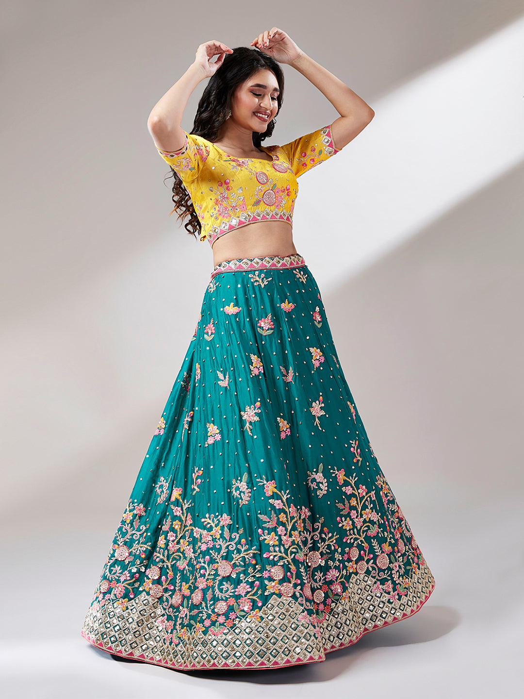 Teal Georgette Sequins Work Floral Lehenga & Blouse with Pink Dupatta