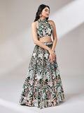 Olive Floral Net Sequin Work Lehenga & Unstitched Blouse with Dupatta