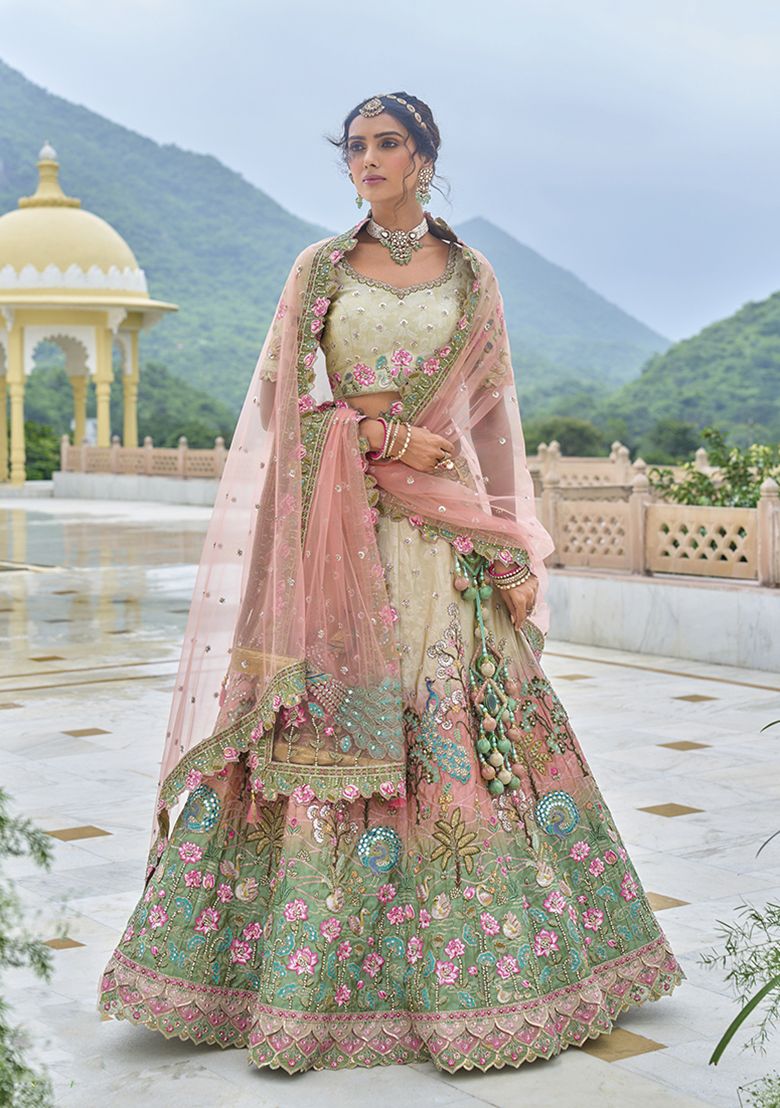 Soft Peach and Green Floral Lehenga with Pastel Hues