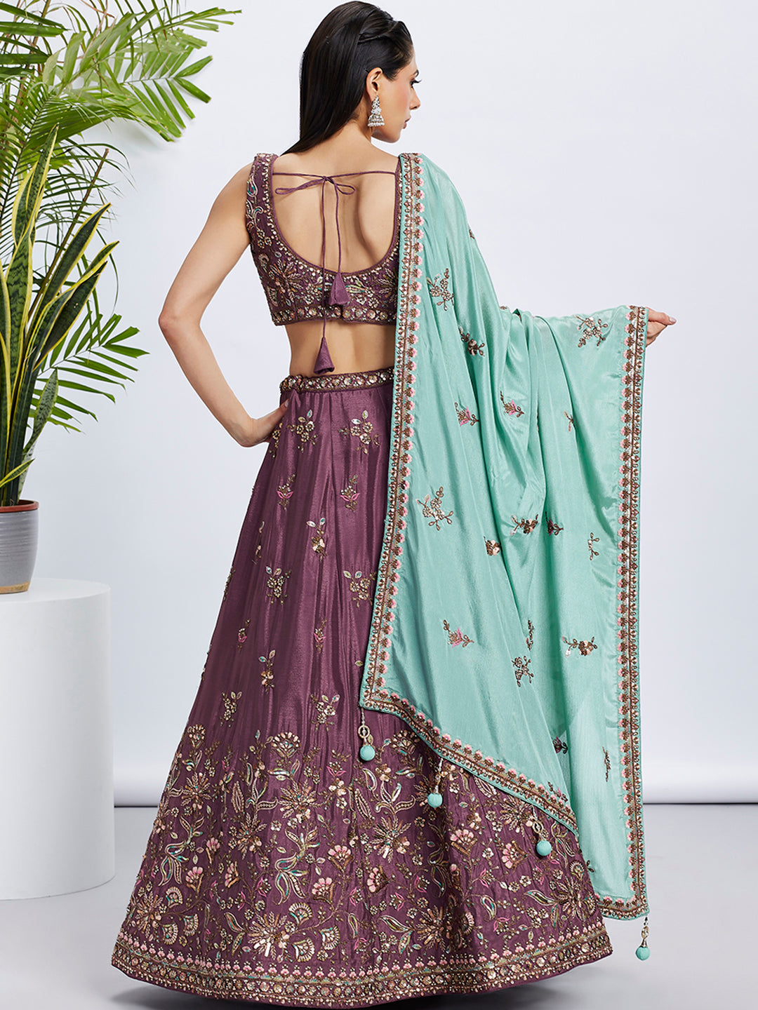 Rose Gold and Sea Green Bridal Lehenga with Heavy Sequins Embroidery