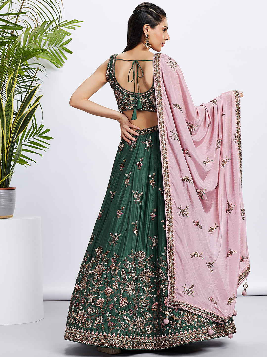 Green and Pink Bridal Lehenga with Heavy Sequins Embroidery Work