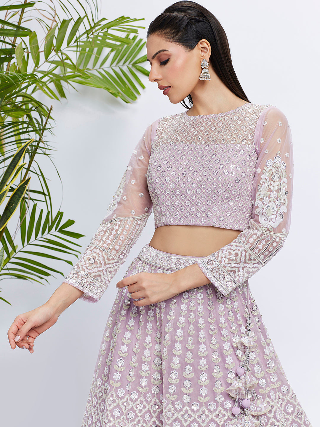 Lavender Net Sequins and Thread Embroidery Lehenga Choli & Dupatta