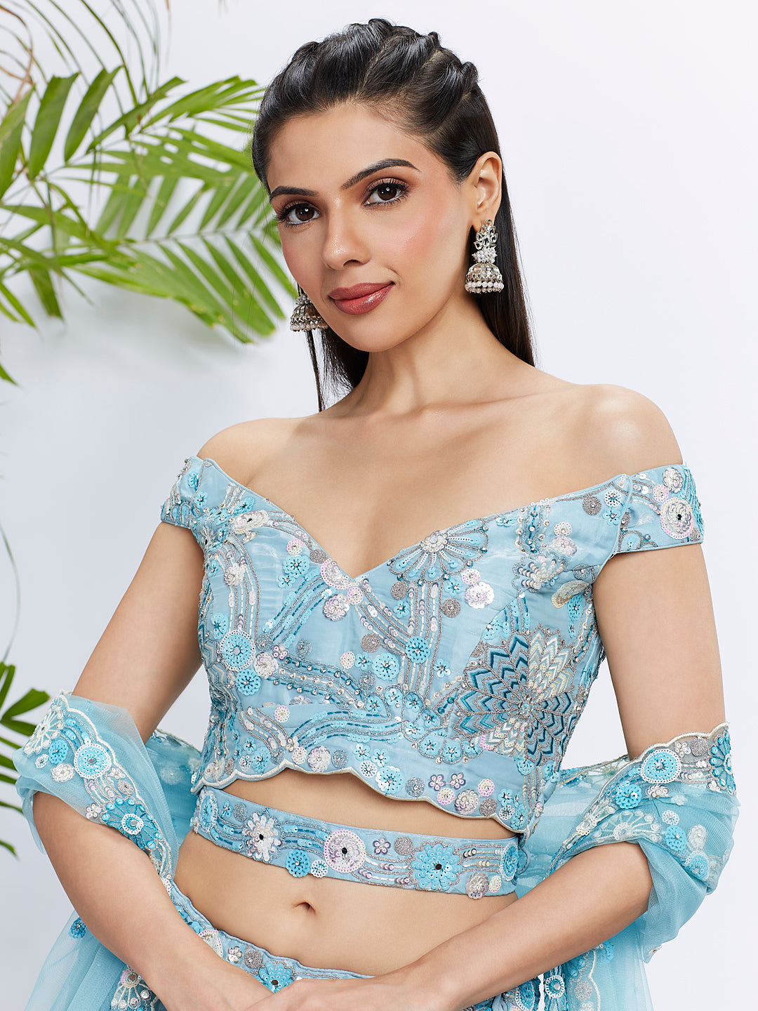 Sky Blue Organza Sequins and Thread Embroidery Lehenga Choli & Dupatta