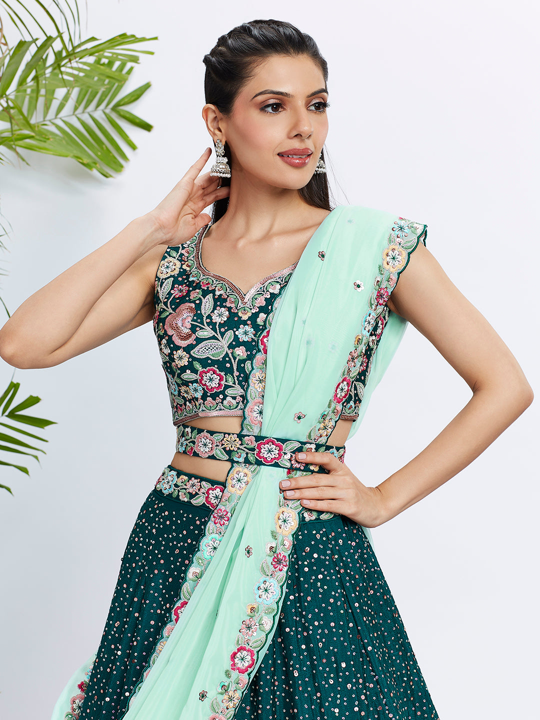 Green Pure Chiffon Sequins Thread Embroidery Lehenga Choli & Dupatta