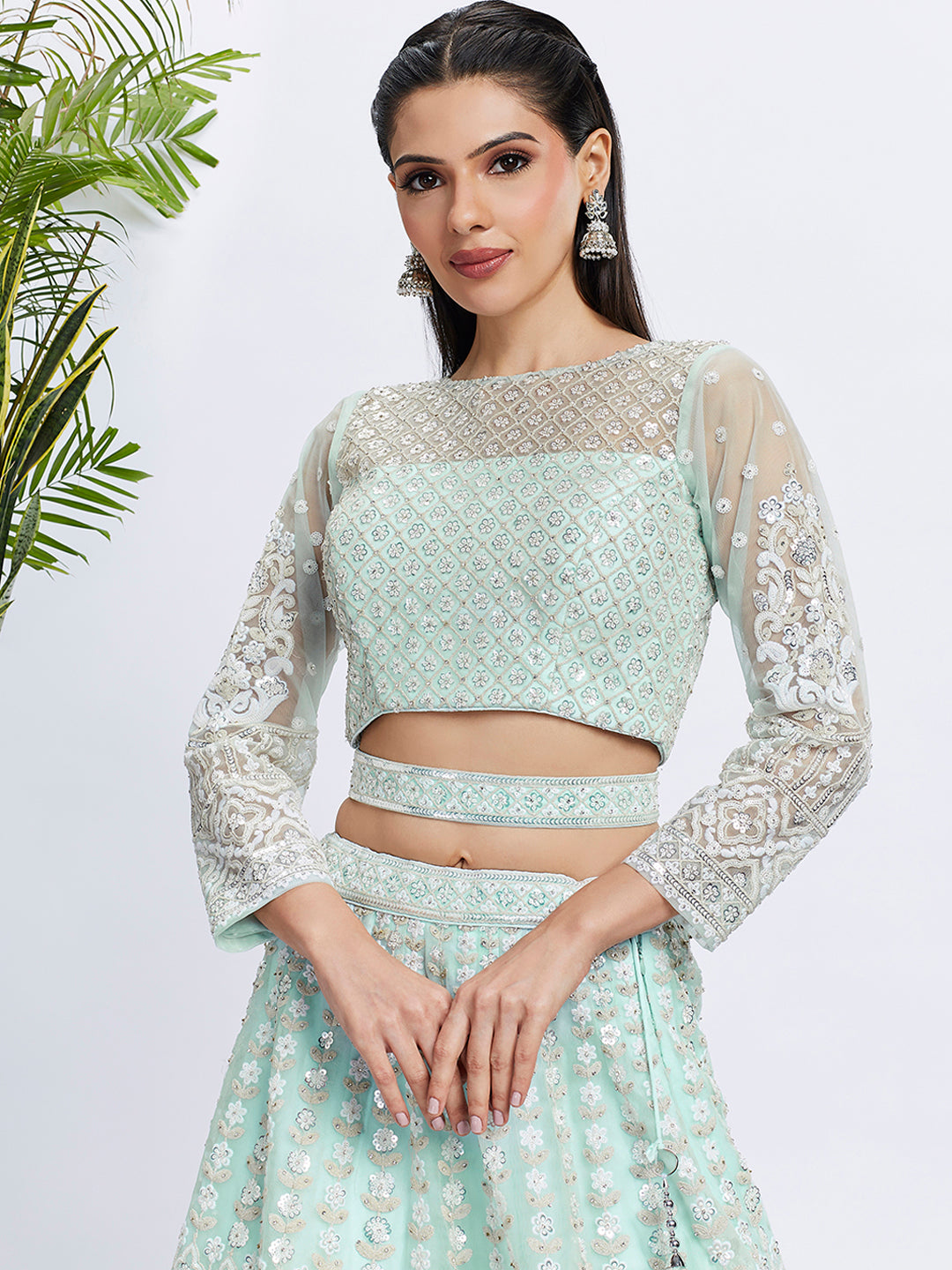 Turquoise blue Net Sequins and Thread Embroidery Lehenga Choli & Dupatta