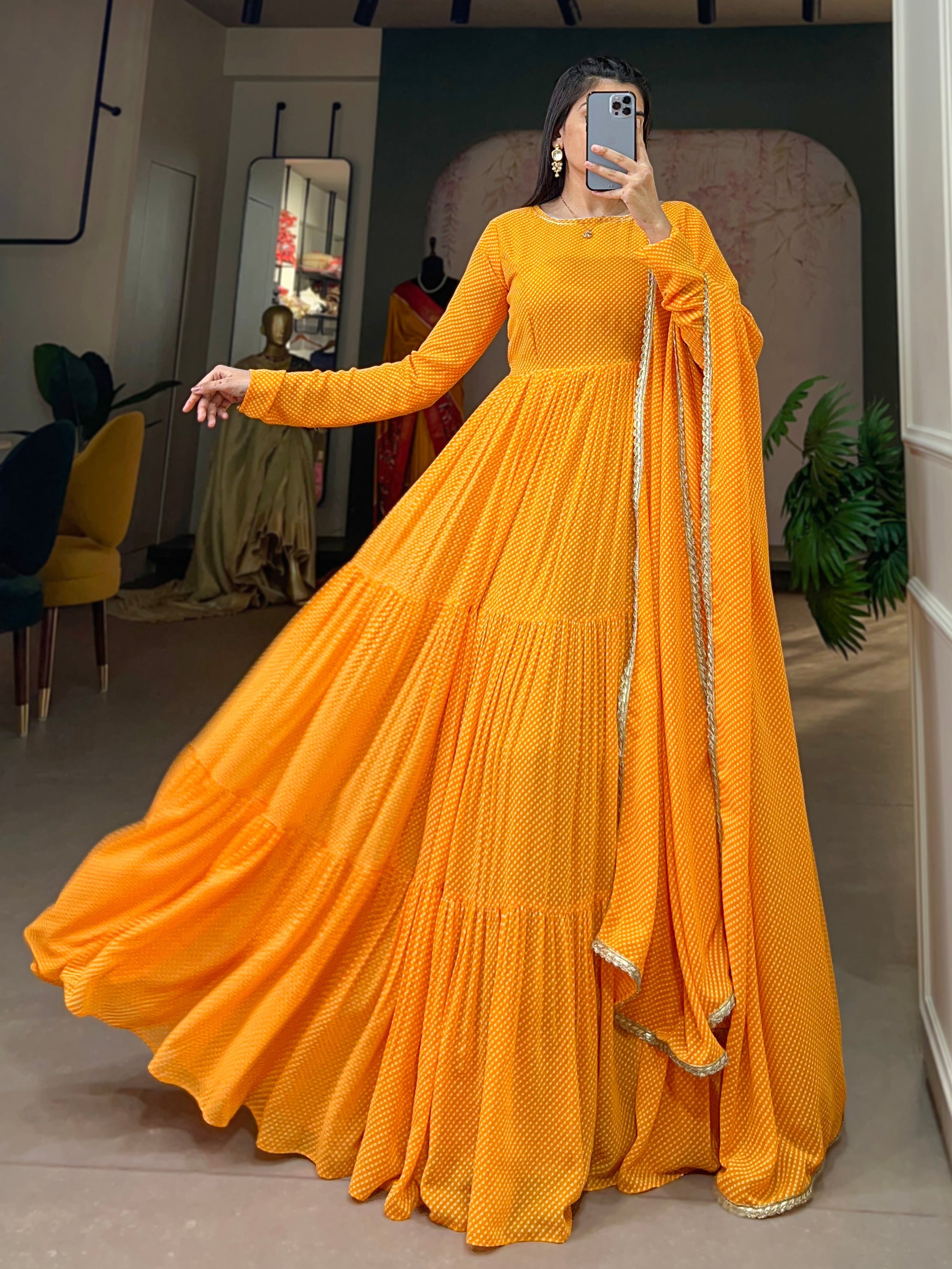 Yellow Printed Georgette Haldi Wear Gown With Dupatta