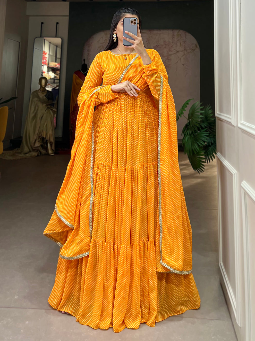 Yellow Printed Georgette Haldi Wear Gown With Dupatta