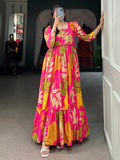 Pink Floral Printed Silk Event Wear Gown