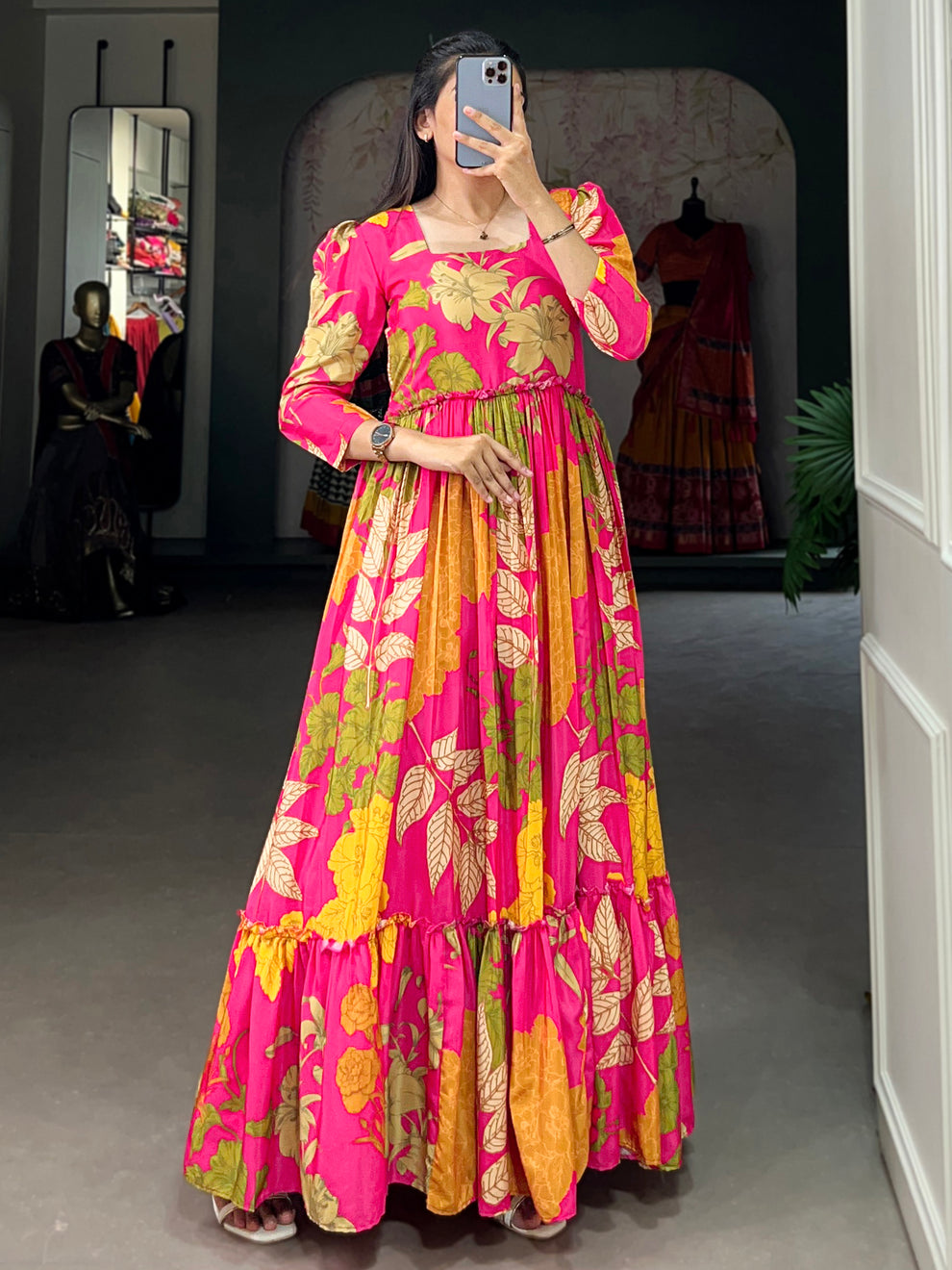 Pink Floral Printed Silk Event Wear Gown