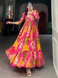 Pink Floral Printed Silk Event Wear Gown