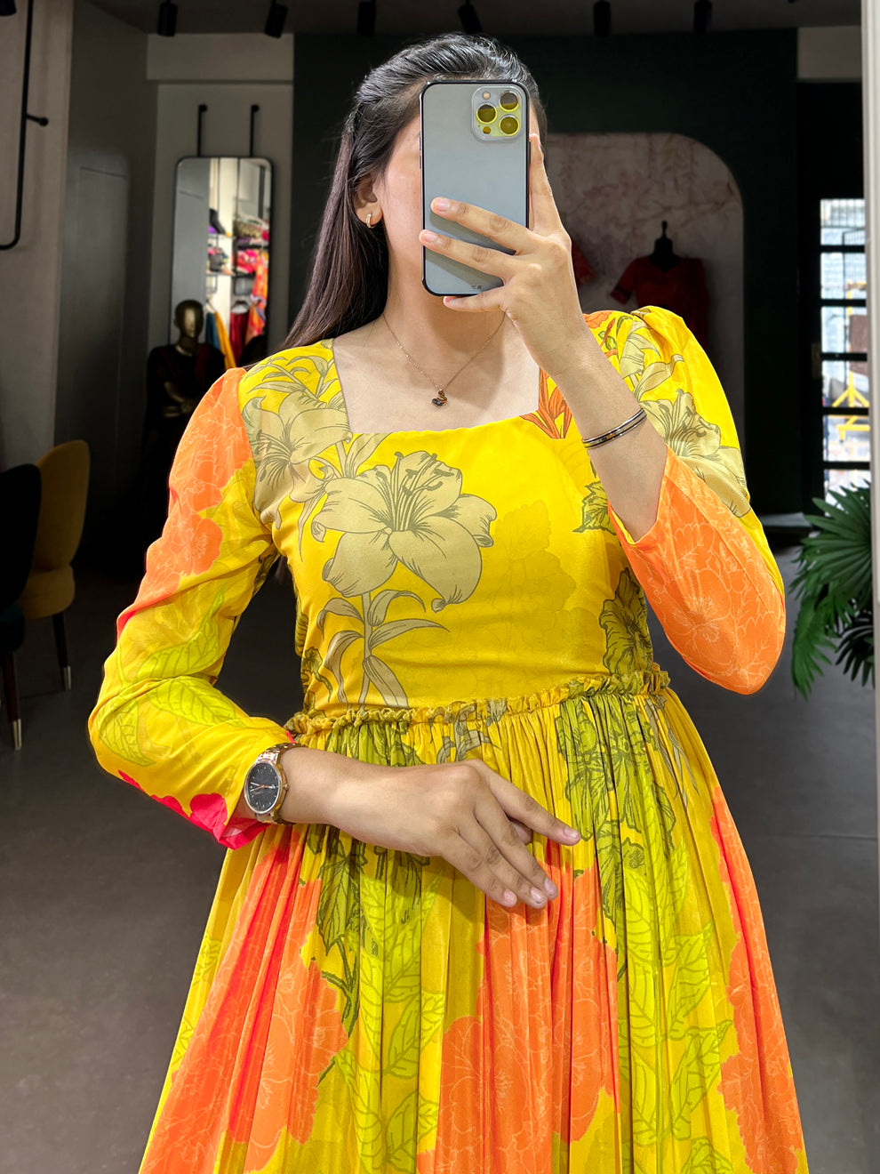 Yellow Floral Printed Silk Festival Wear Gown