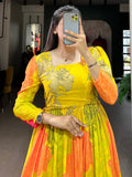 Yellow Floral Printed Silk Festival Wear Gown