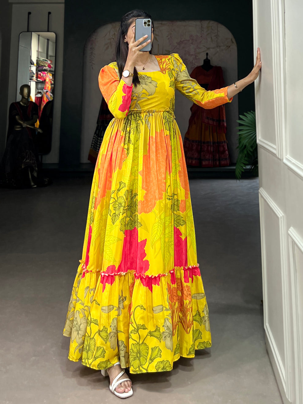 Yellow Floral Printed Silk Festival Wear Gown