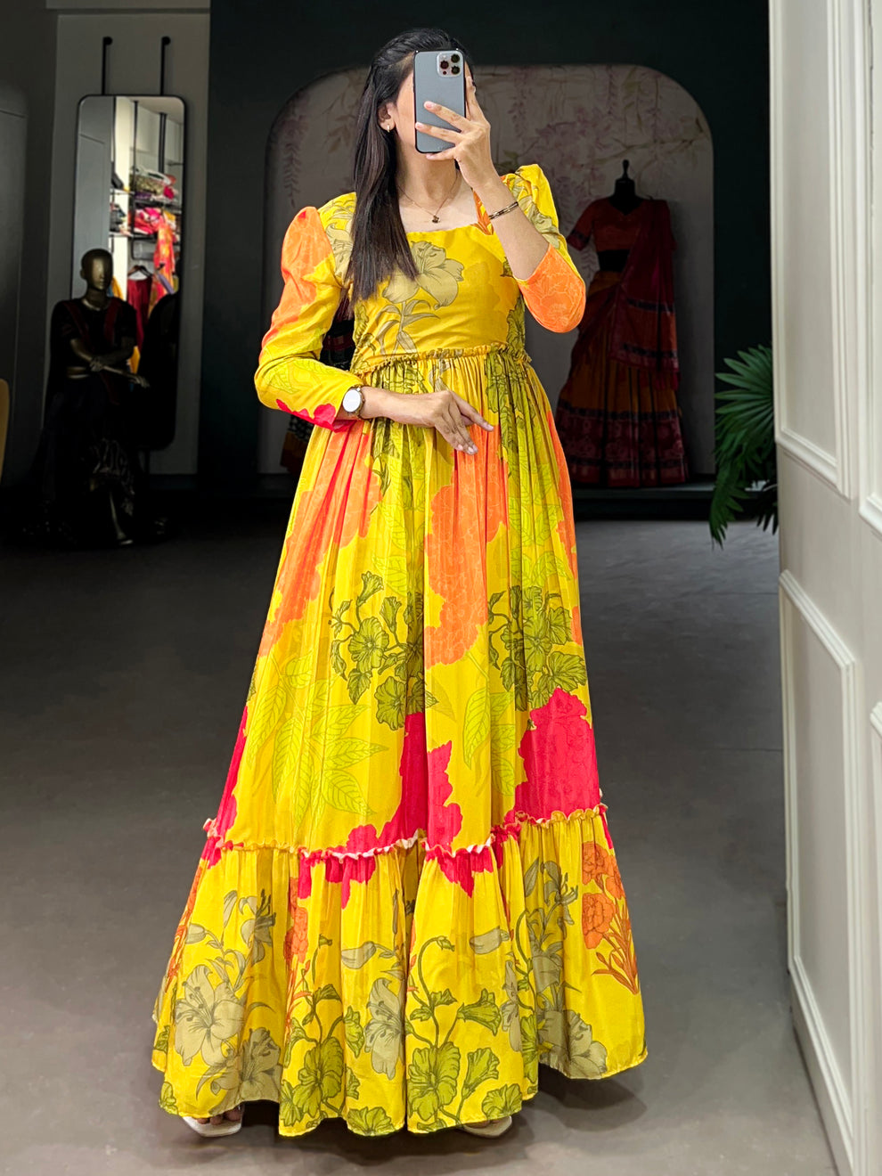 Yellow Floral Printed Silk Festival Wear Gown