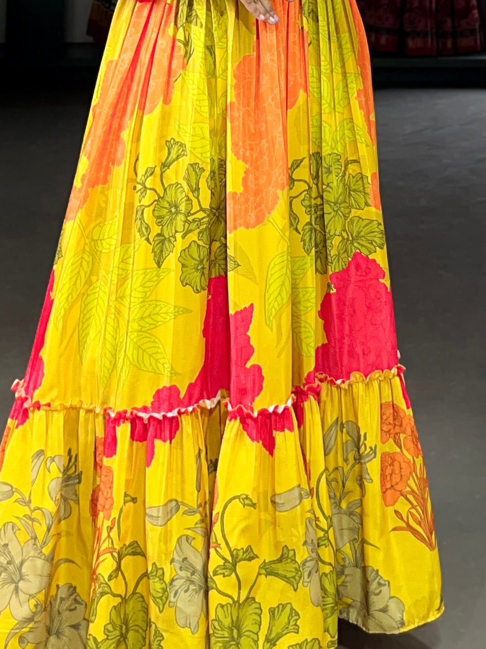 Yellow Floral Printed Silk Festival Wear Gown