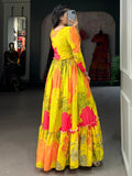 Yellow Floral Printed Silk Festival Wear Gown