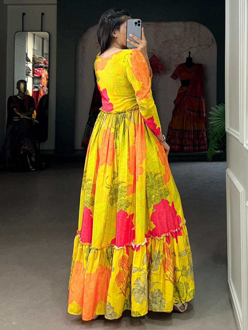 Yellow Floral Printed Silk Festival Wear Gown