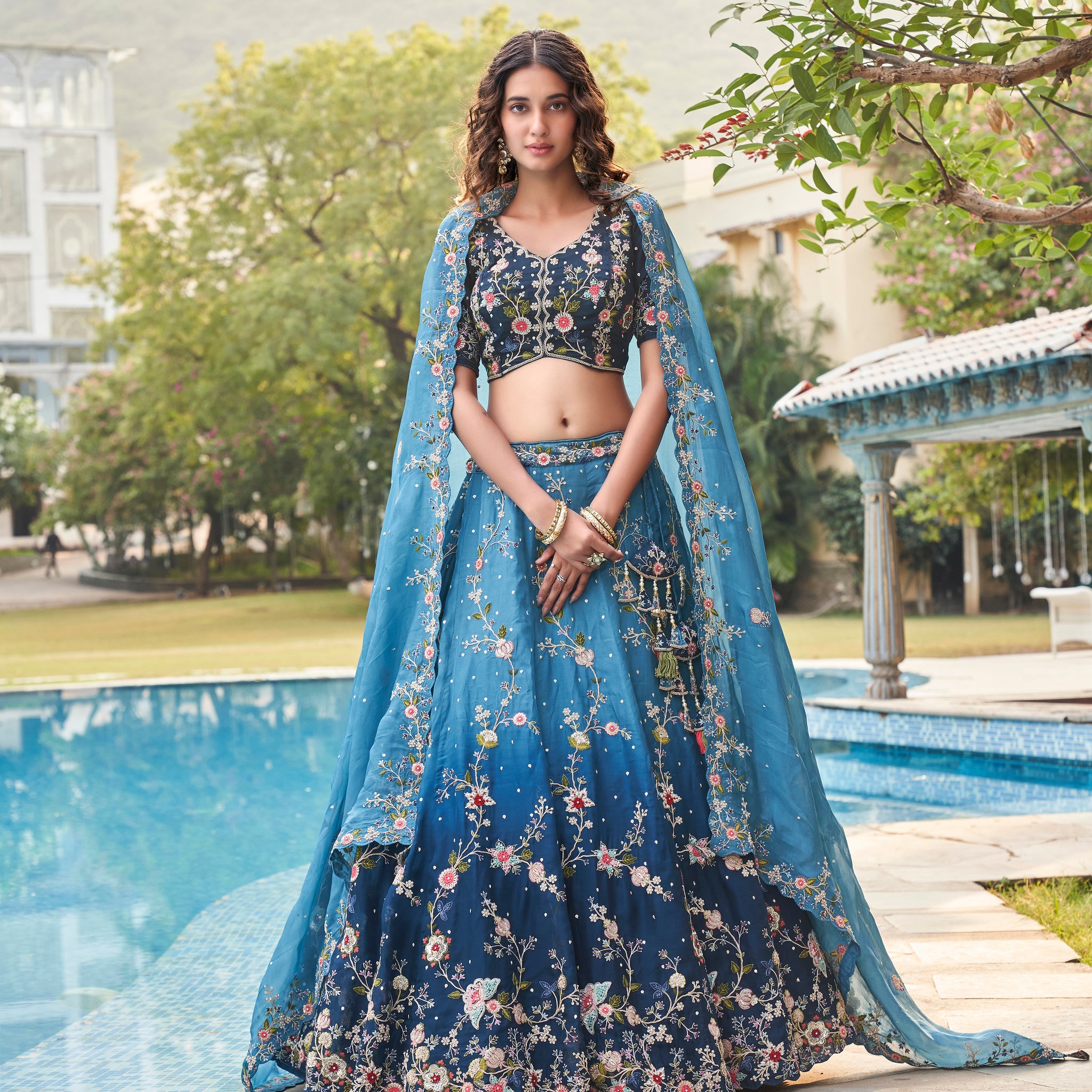 Blue Floral Designer Bridal Lehenga with Detailed Embellishments